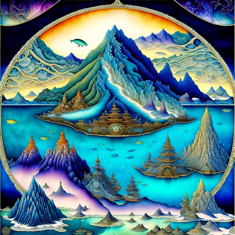 Colorful Circular Artwork: Surreal Landscape with Mountains, Waves, Celestial Background