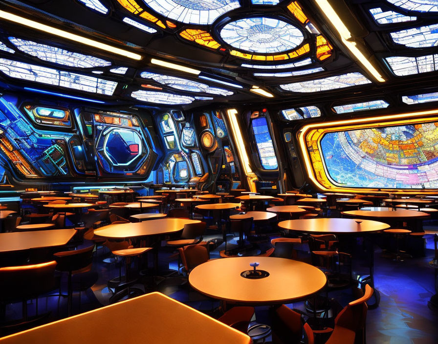 Futuristic cafeteria with round tables, neon lights, and cosmic view