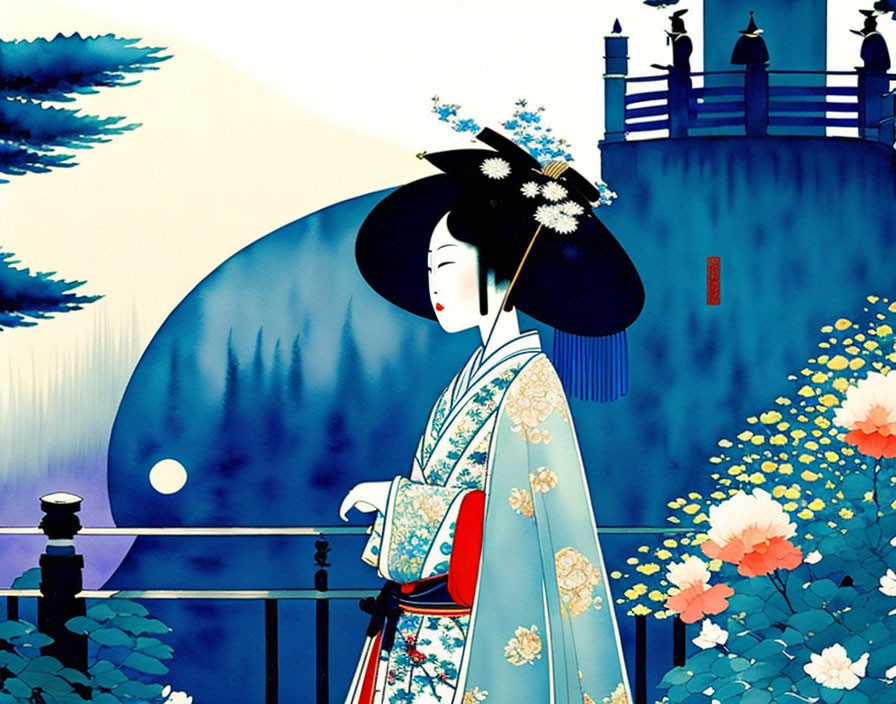 Traditional Japanese Geisha Artwork with Blue Kimono and Scenic Background