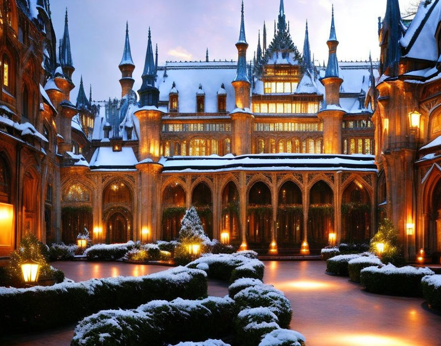 Gothic-style building in snow with lanterns at twilight