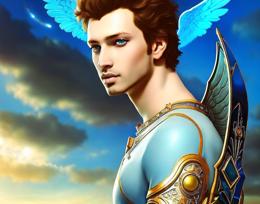 Male figure with angelic wings in ornate armor against dramatic sky