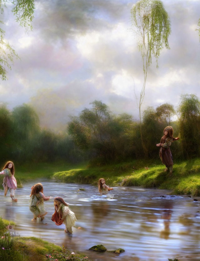 Tranquil painting of children playing by a river