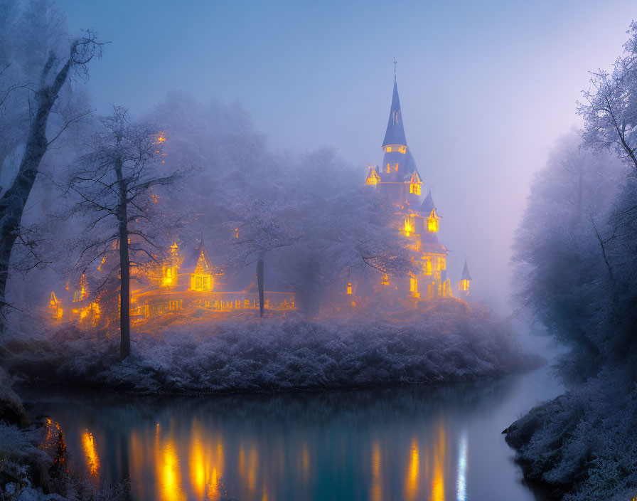 Illuminated church and trees on foggy evening by serene river