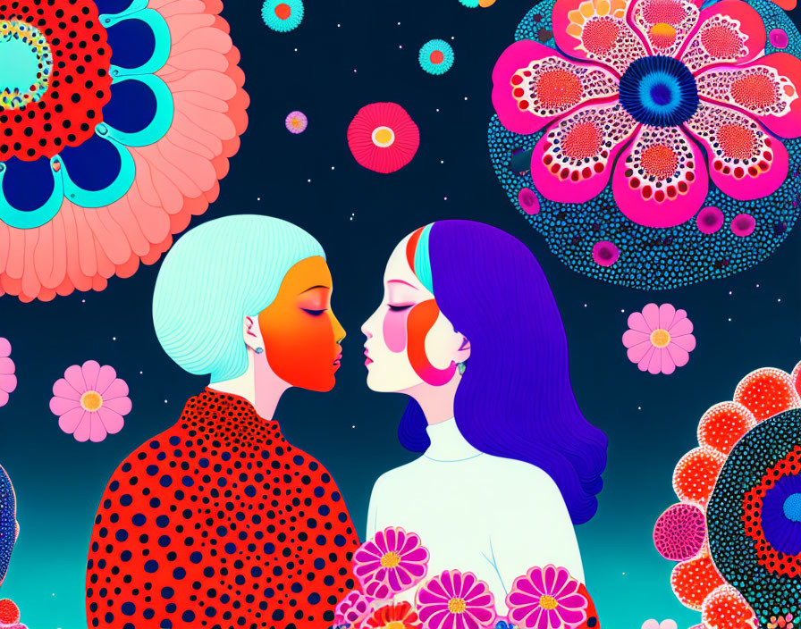 Colorful digital artwork: Two stylized women's profiles on psychedelic floral backdrop