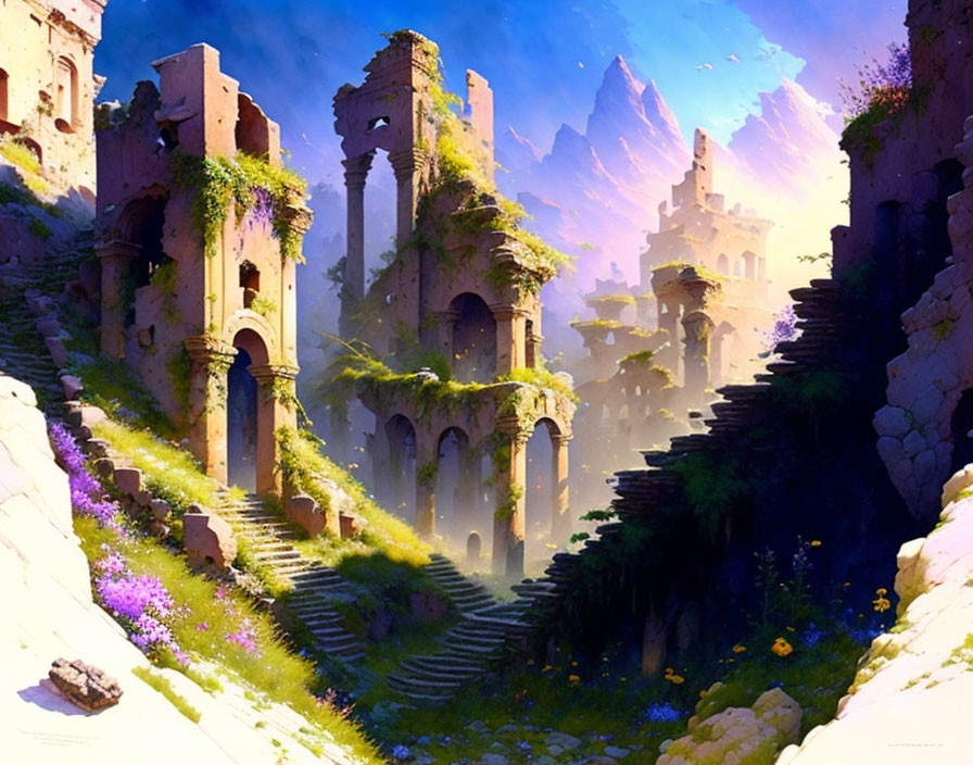 Fantasy landscape with sunlit ruins, towering castles, and vibrant flora