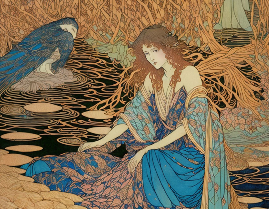 Art Nouveau Style Illustration: Woman in Blue Dress by Pond with Peacock