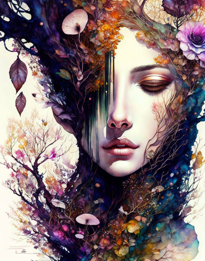 Surreal art portrait of woman merging with colorful flora and fauna