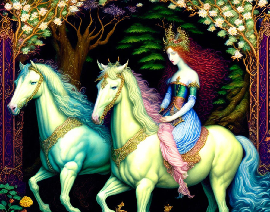 Fantasy illustration of red-haired woman on white unicorn in mystical forest