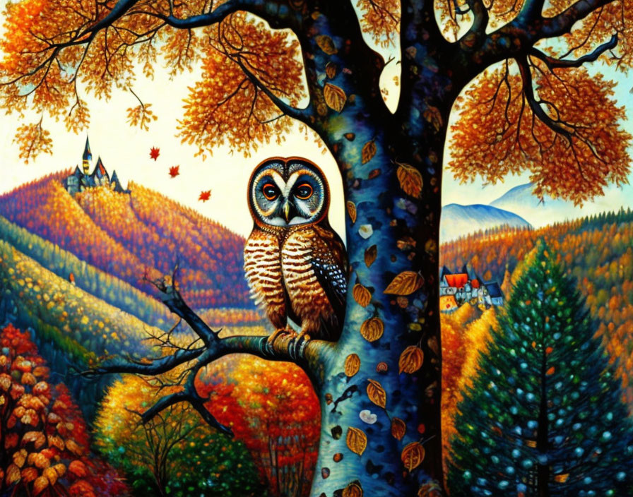 Owl perched in vibrant autumn forest with castle and house