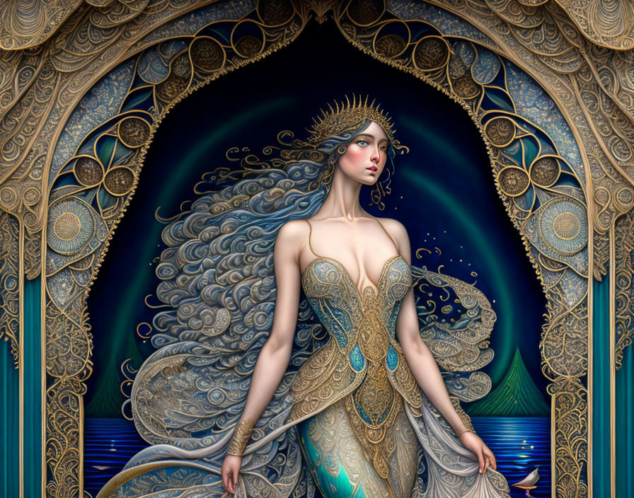 Ethereal woman with flowing hair at ornate golden gateway