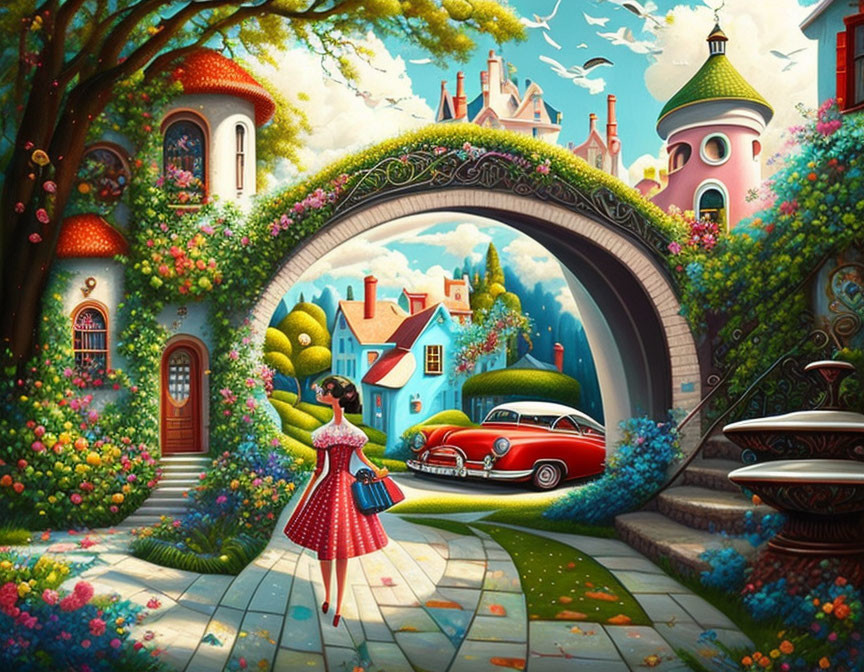 Vibrant garden scene with woman in red dress and colorful buildings