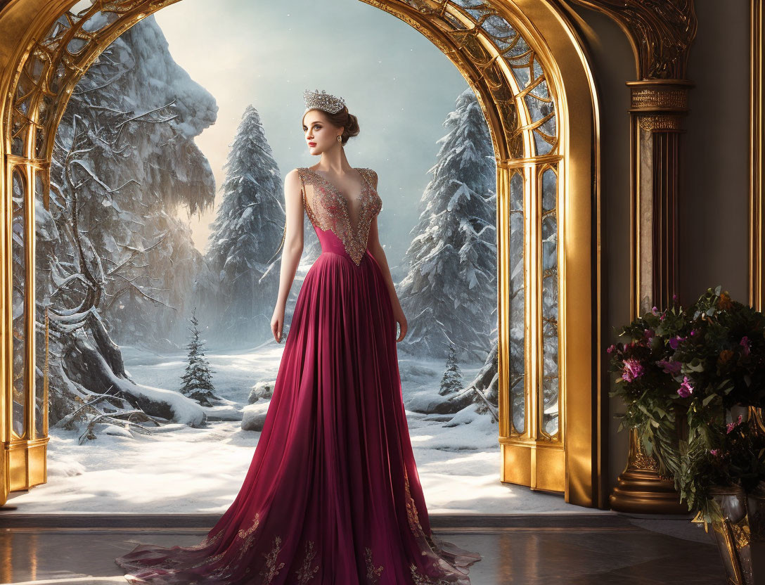 Woman in pink gown with tiara by golden archway in snowy forest.