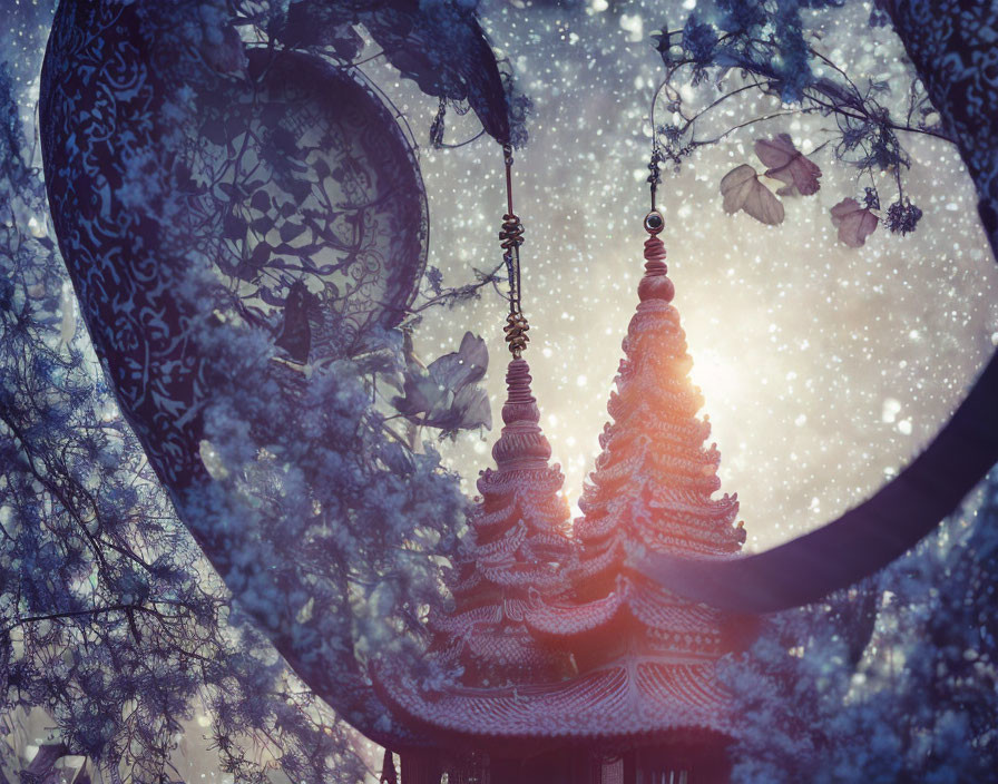 Surreal temple with intricate spires in snowy landscape.