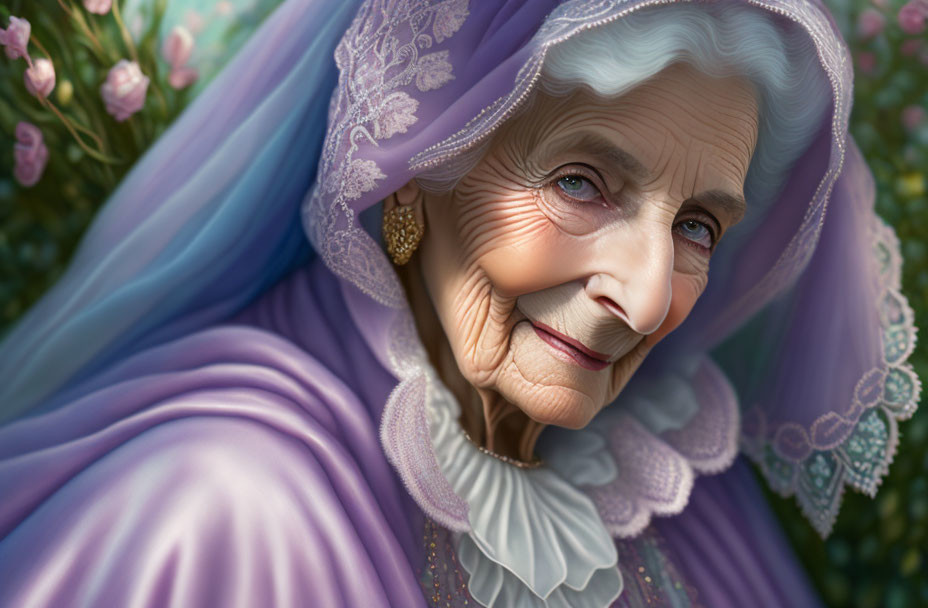 Elderly woman in lavender headscarf and dress with flowers.