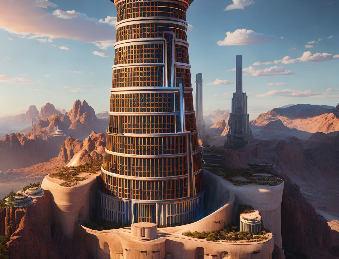 Futuristic desert cityscape with towering cylindrical building & rugged mountains