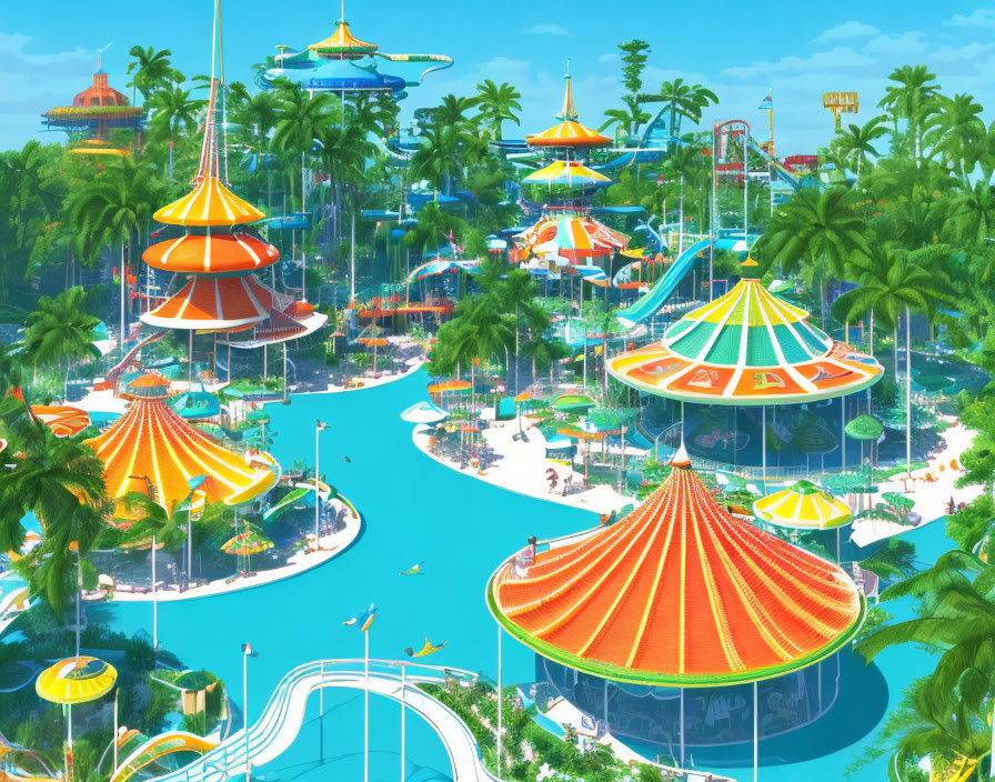 Colorful Water Park with Slides, Pools & Umbrella Structures