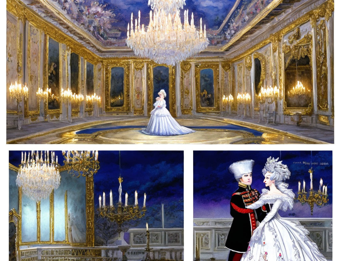 Opulent ballroom with golden decor and grand chandelier, featuring solitary woman and period attire couple.