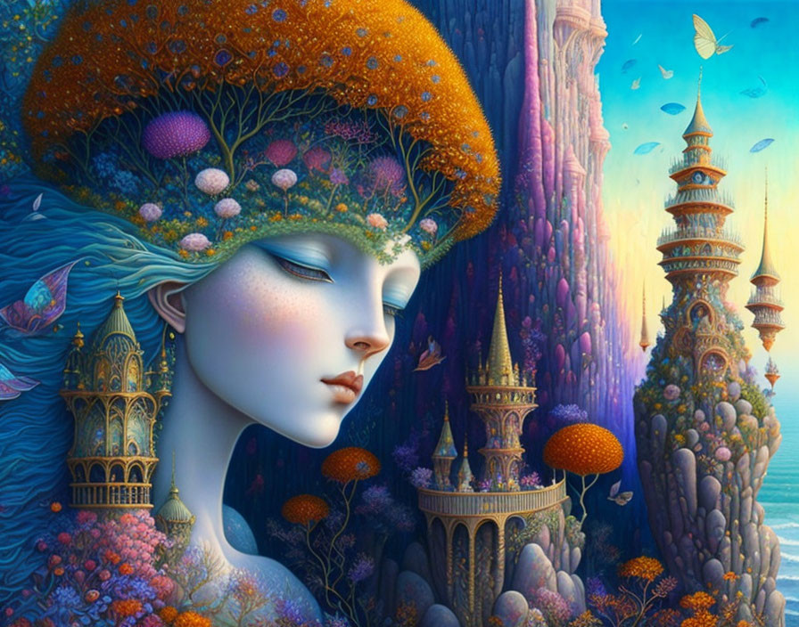 Colorful woman with tree headdress in fantasy landscape.