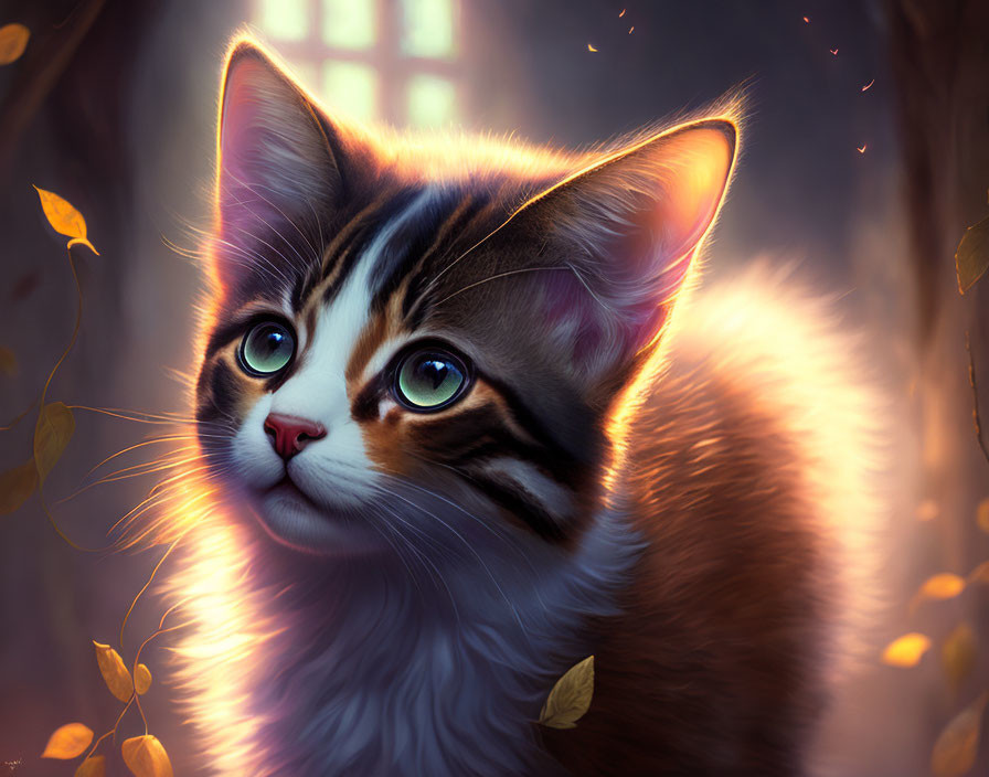 Mesmerizing kitten with striking eyes in golden light and autumn leaves.