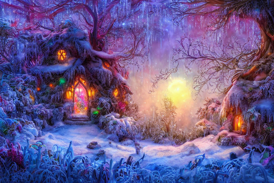 Snow-covered trees and cozy houses in a whimsical winter scene