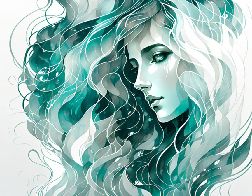 Illustration of woman with teal hair and gentle features on light background