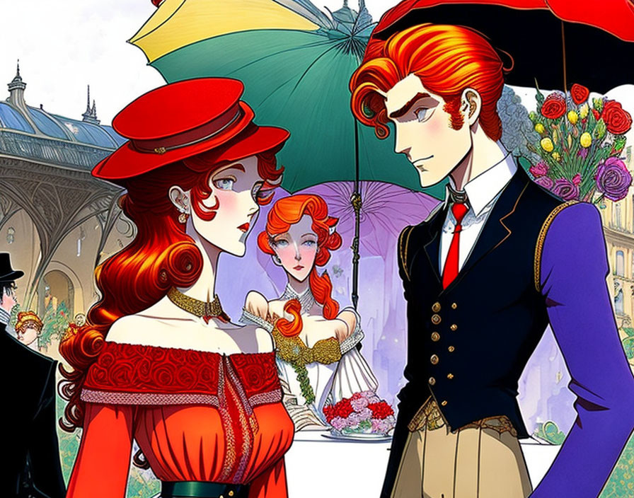 Illustrated man and woman in navy and red attire talking under daylight with flower stall.