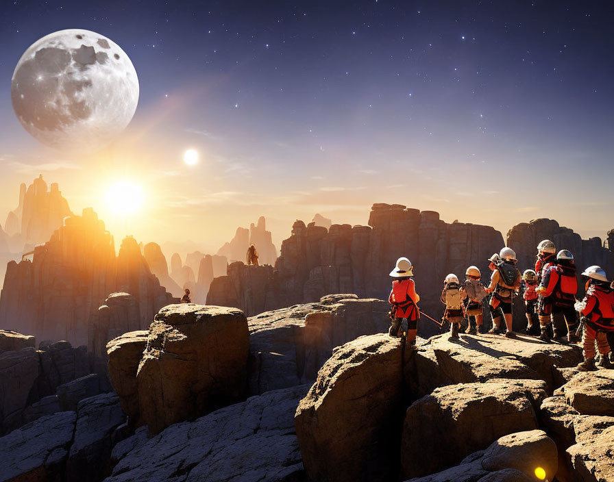 Astronauts on rocky terrain with large moon and rising sun