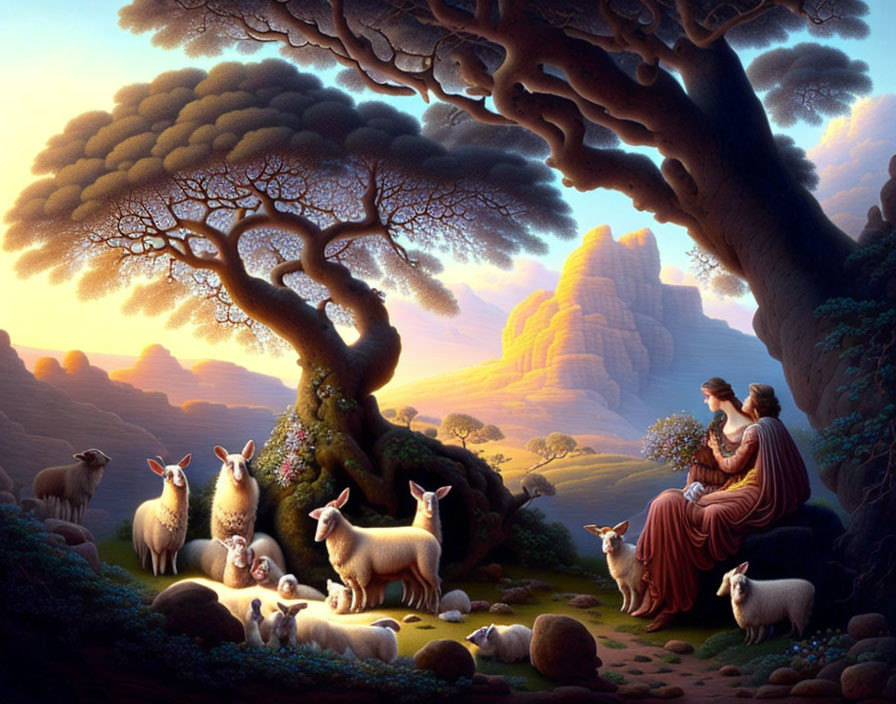 Fantasy landscape with woman playing flute among sheep and majestic trees