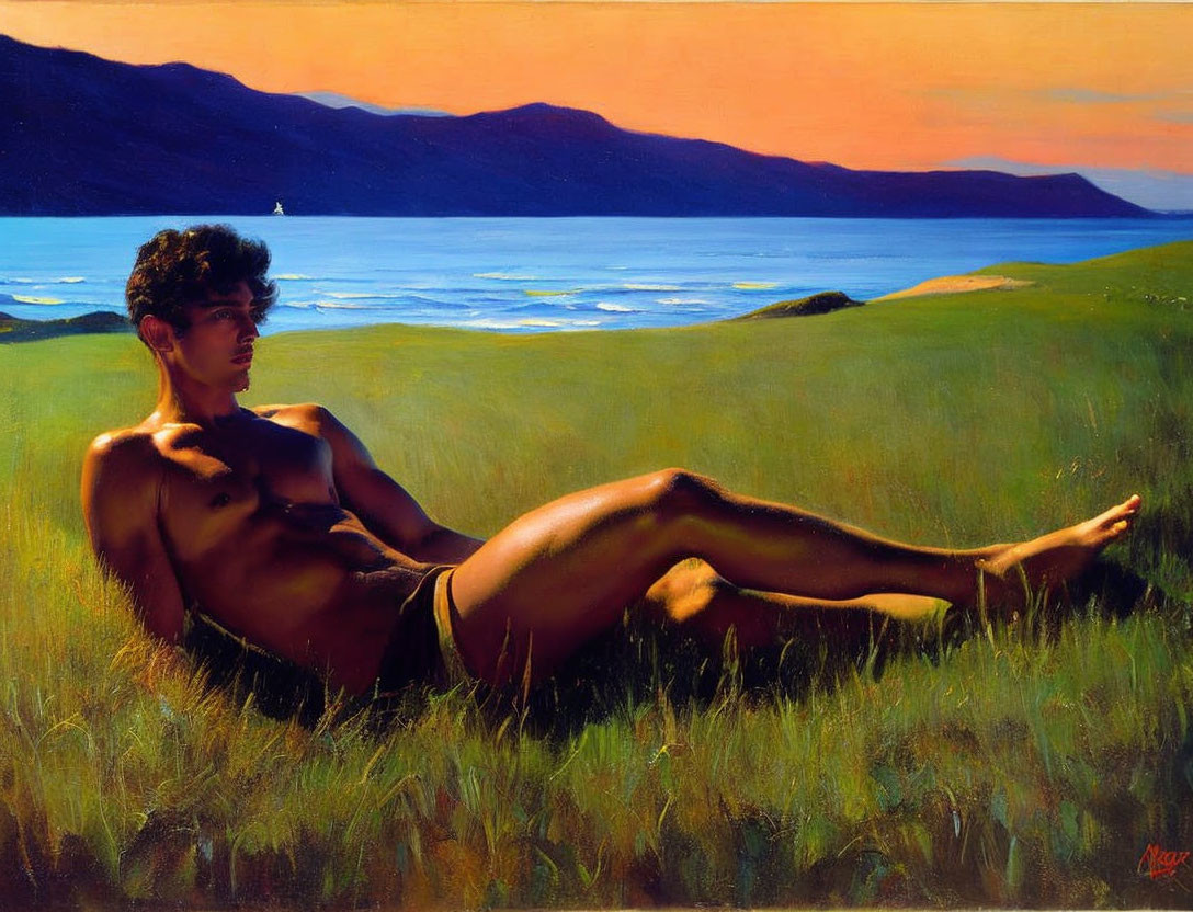 Person reclining on grassy ground admiring serene seascape at sunset