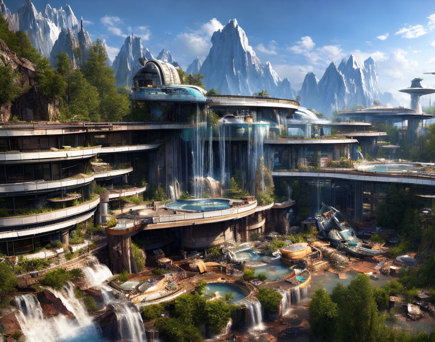 Futuristic cityscape with tiered, vegetation-covered buildings and white mountains