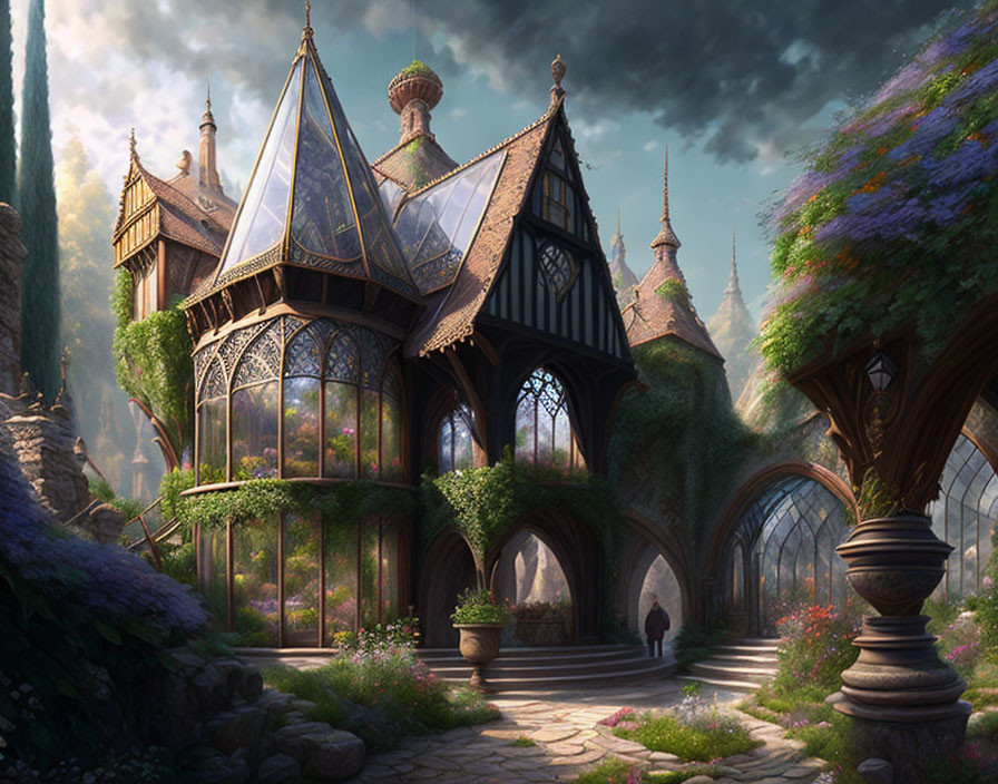 Fantastical ornate cottage with glass spires in lush garden scenery