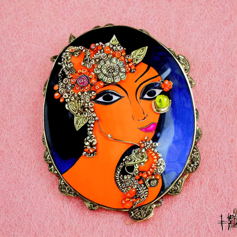 Colorful hand-painted plate with stylized woman's face and traditional jewelry on blue and orange background