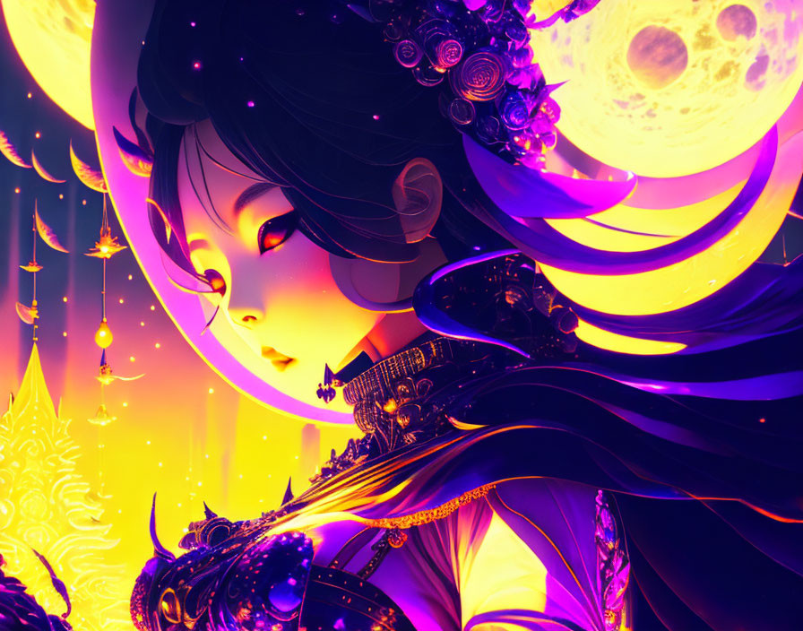 Digital artwork: Stylized female character with purple hair and floral decorations in fantasy setting.