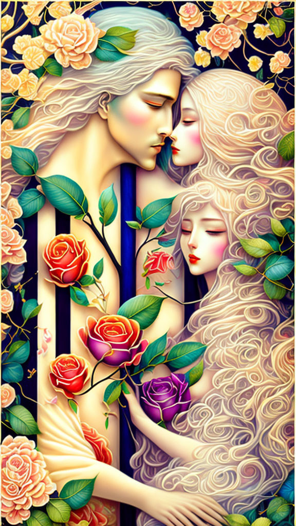 Illustration of couple and child with flowing hair embraced by roses and vines