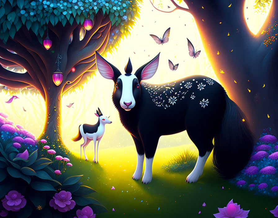 Illustration: Whimsical black and white goat with butterfly patterns in enchanted forest with tiny deer and