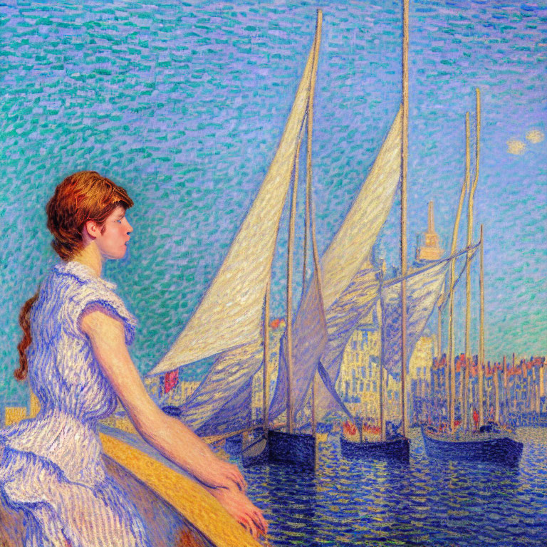 Woman in White Gazing at Sailboats in Pastel Pointillist Painting