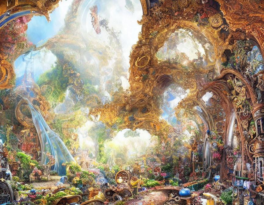 Fantastical landscape with ornate arch-like structures and lush greenery