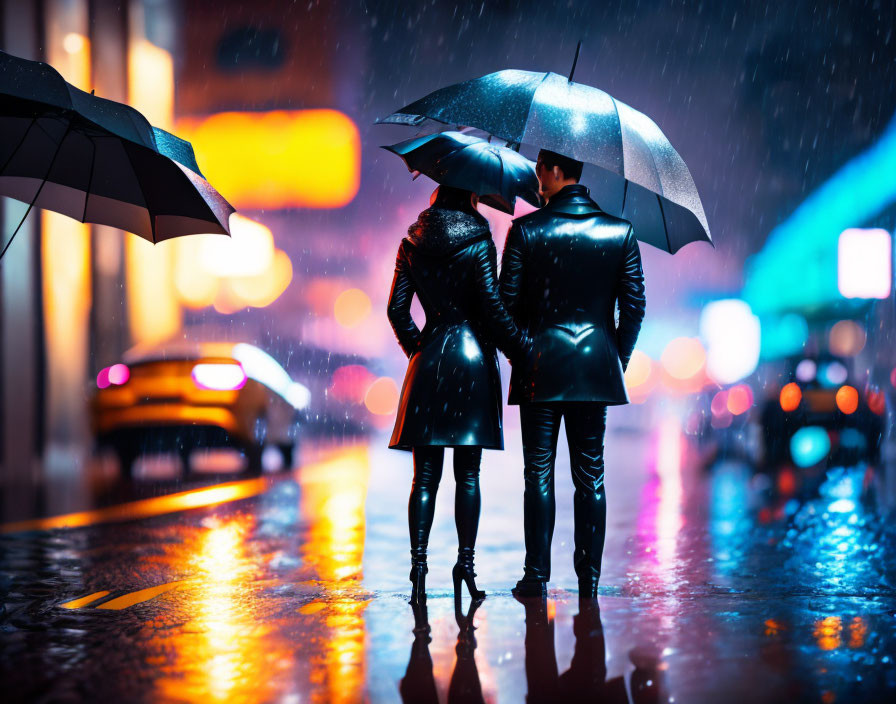 Night city street scene with two people under umbrellas in the rain