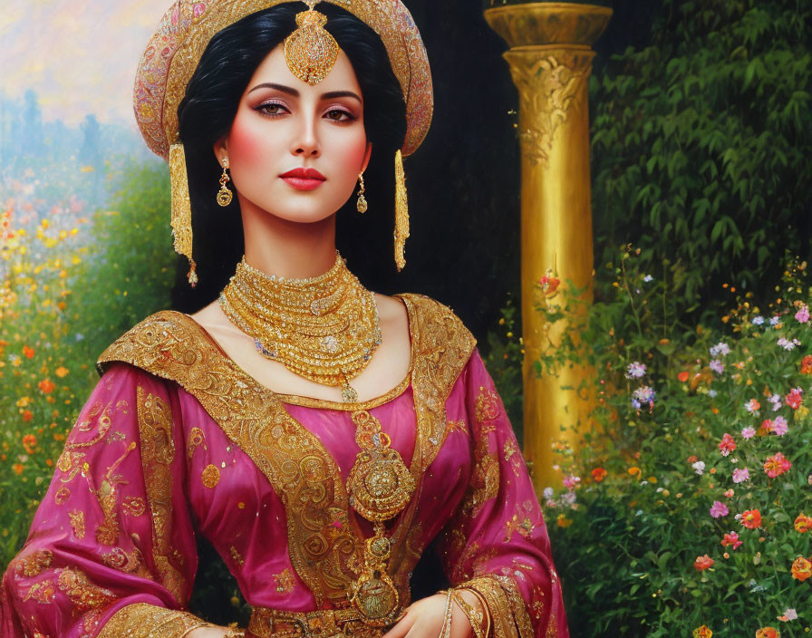 Traditional royal attire painting of a woman with gold jewelry on floral backdrop