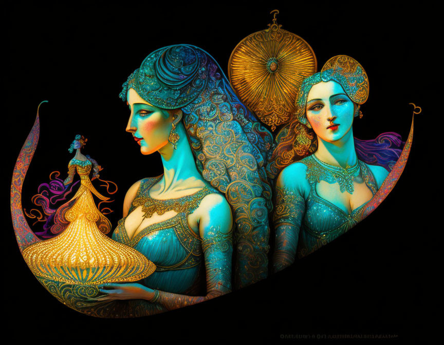 Vibrant artwork of regal women in intricate attire on dark background