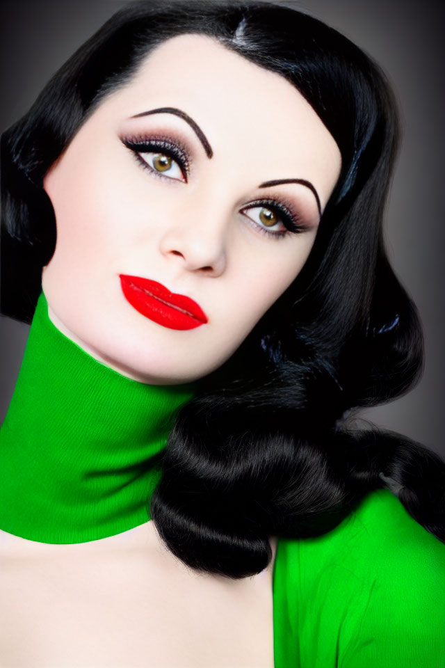 Pale-skinned woman in retro makeup and high-neck green top with dark hair and red lipstick.