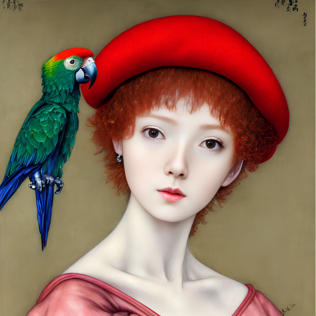 Young woman with porcelain skin and red hair in red beret and dress with parrot on shoulder