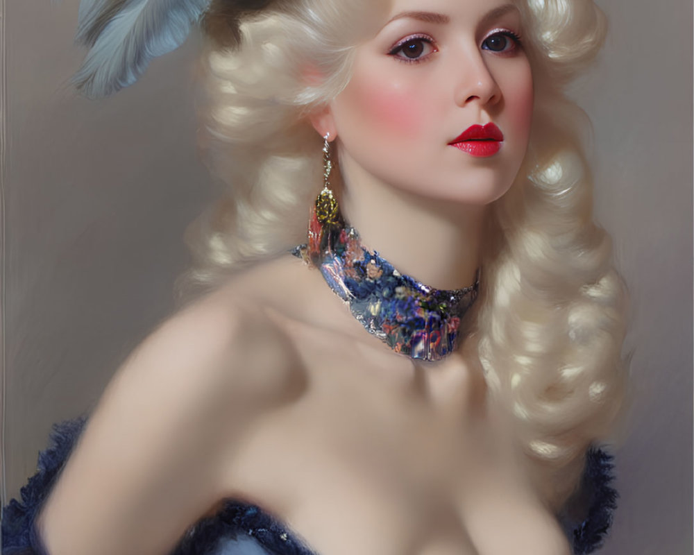 Blonde woman portrait with feathered hat, blue dress, and jewel necklace