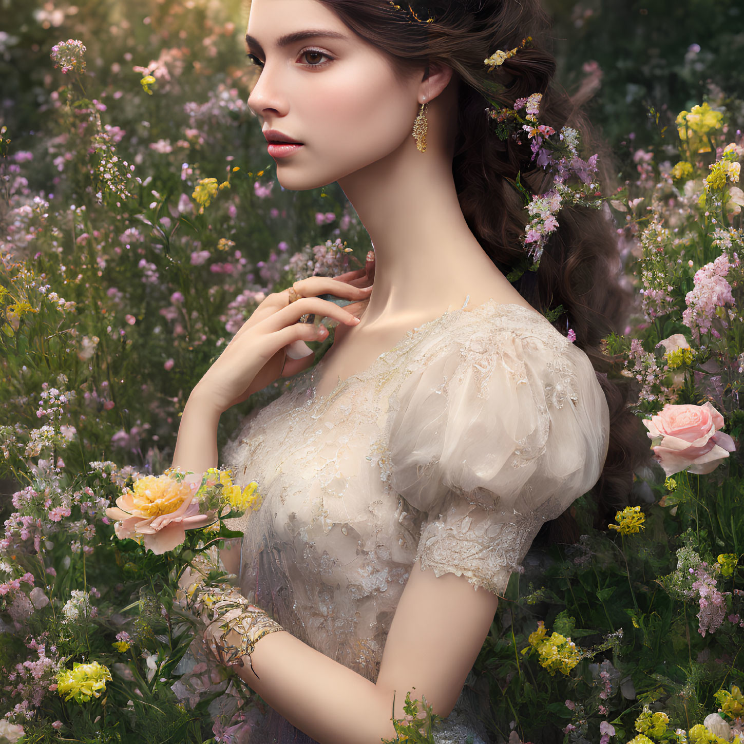 Vintage lace dress on elegant woman in lush garden.