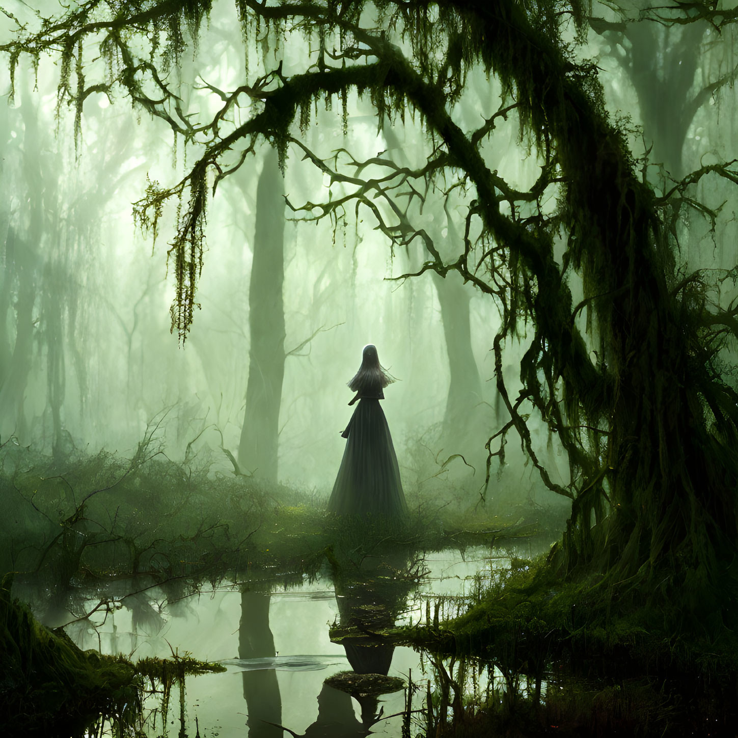 Mysterious figure in cloak at serene forest pond