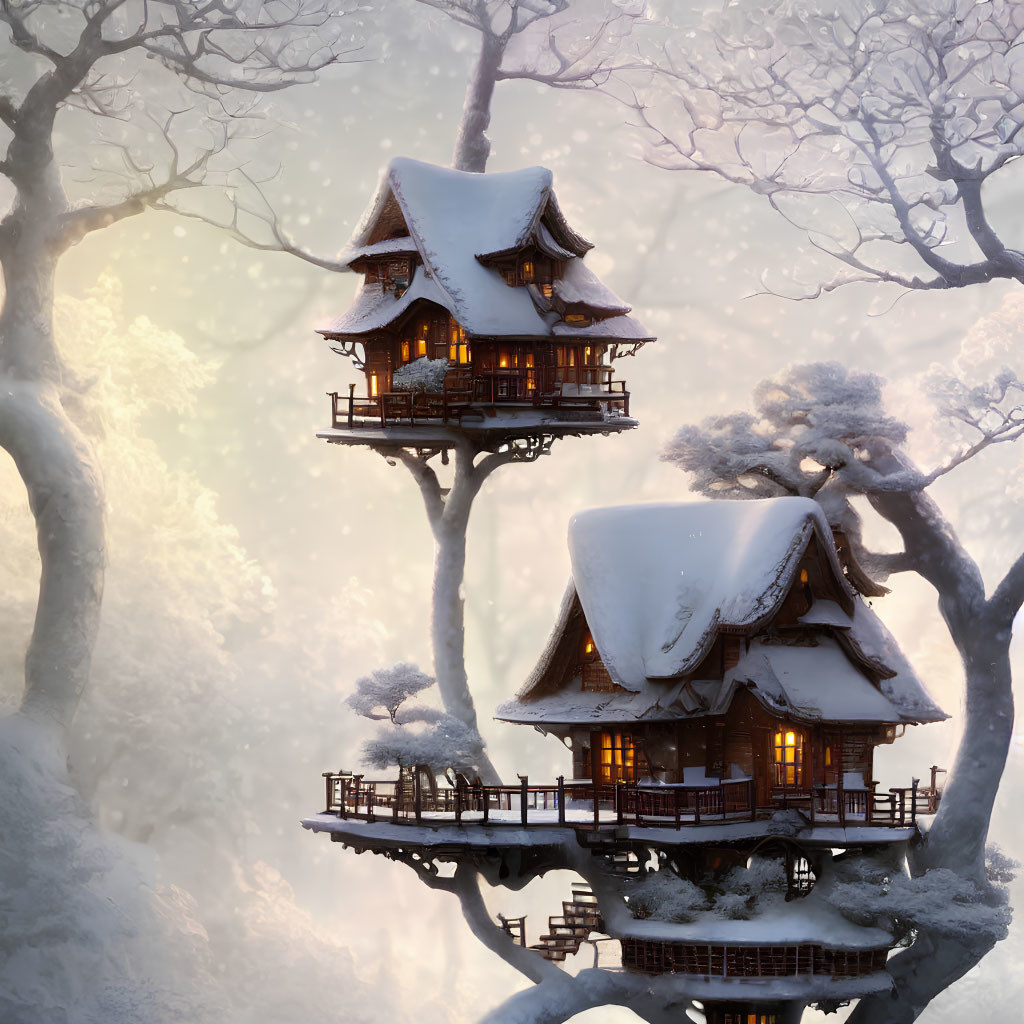 Snow-covered treehouse with warmly lit windows in winter landscape