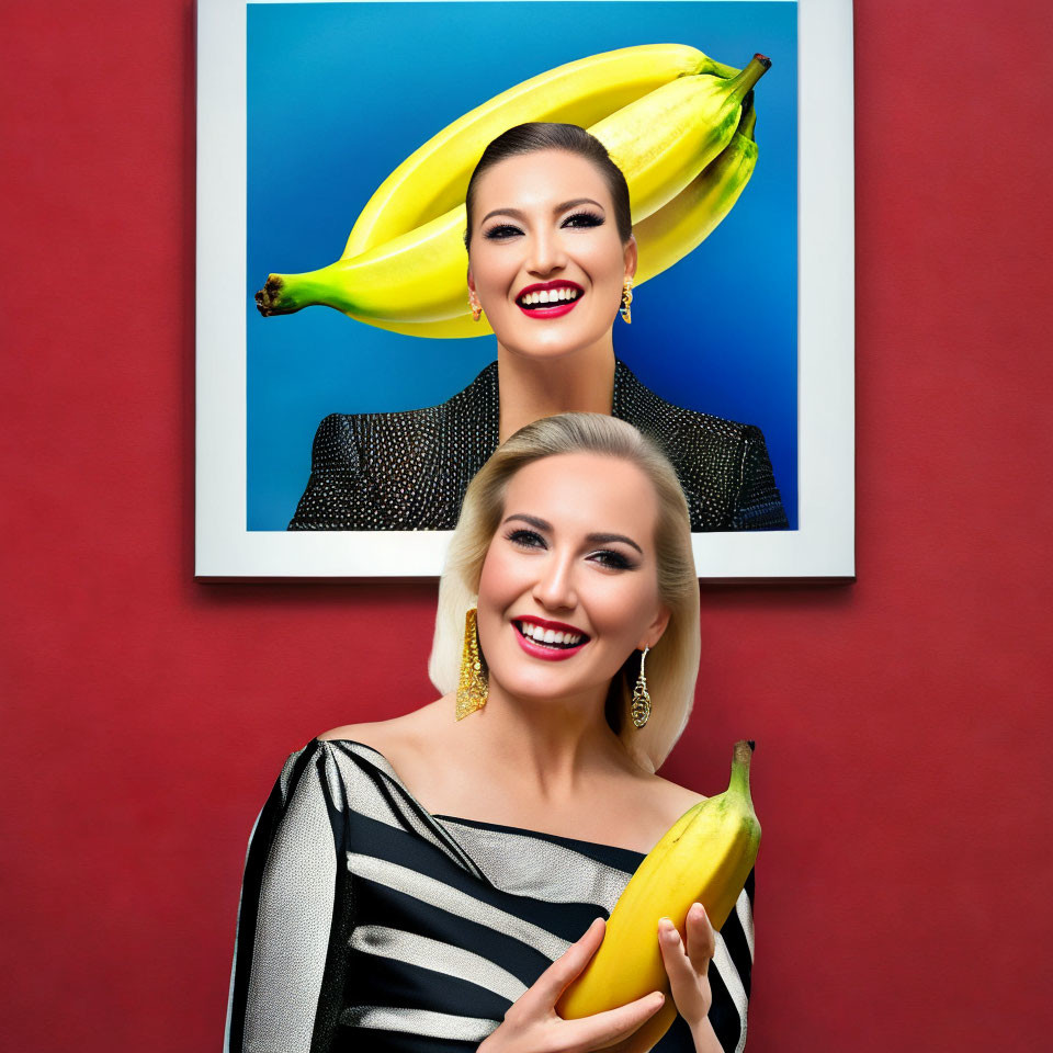 Woman smiling holding banana with framed image of herself in background.