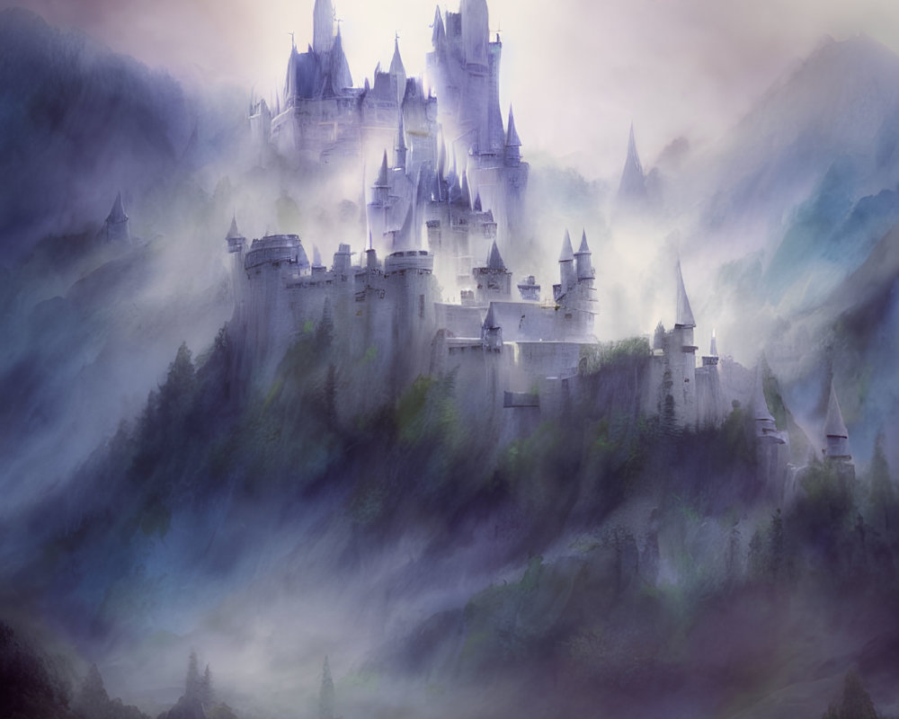 Ethereal castle in mist with spires and forested hills