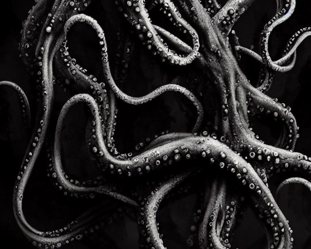 Detailed grayscale octopus tentacles with visible suction cups.