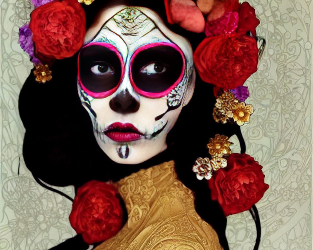 Day of the Dead Woman in Floral Headpiece and Golden Attire on Ornate Background